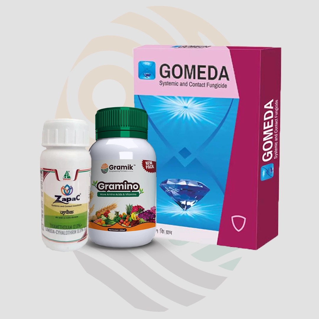 ZAPAC Insecticide (THIAMETHOXAM 12.6%+LAMBDA CYHALOTHRIN 9.5% ZC) + Gomeda Fungicide (Carbendazim 12% + Mancozeb 63% WP)+ Gramino Multimicronutrients Mixture liquid fertilizer Combo